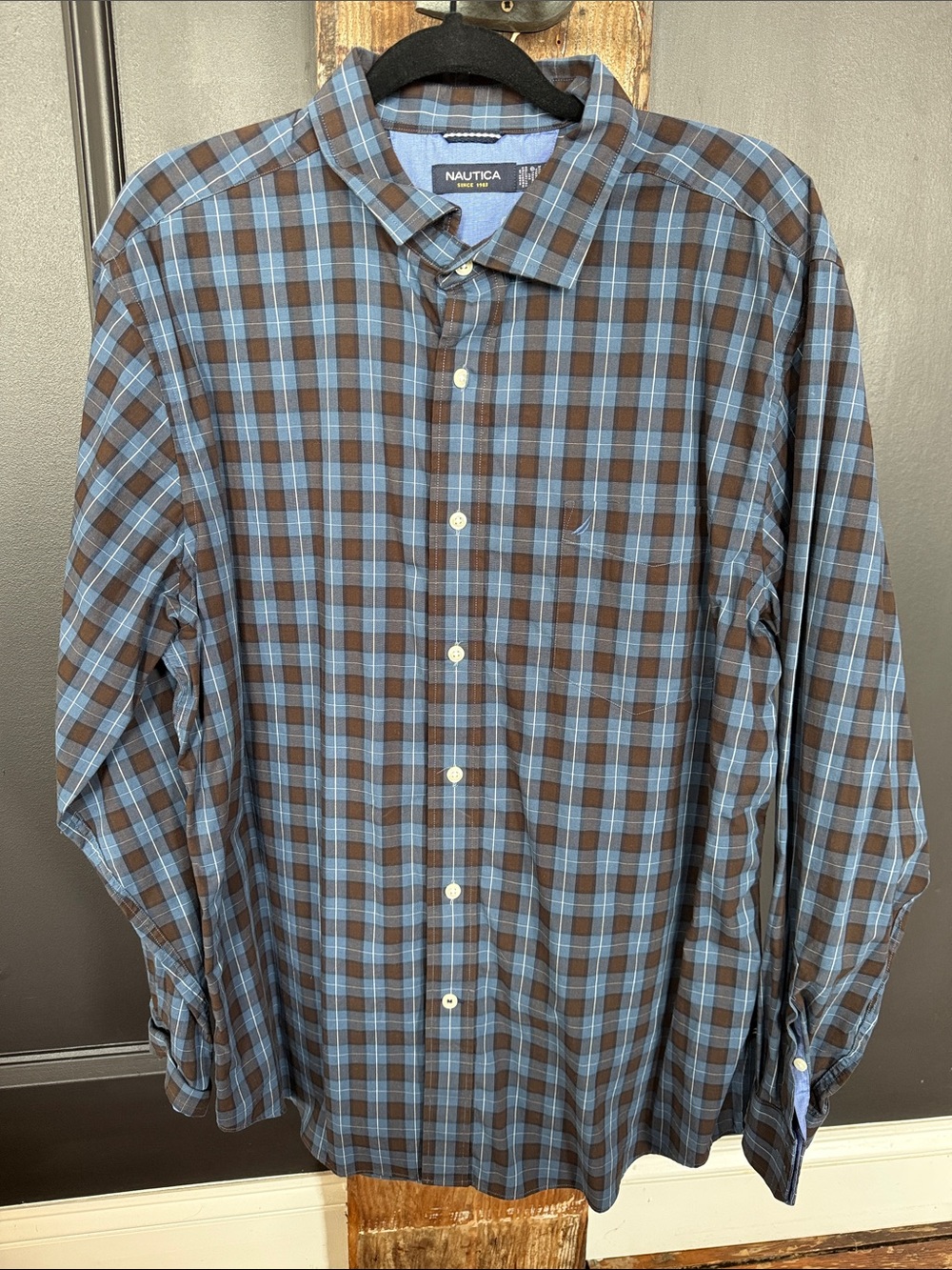 Nautica Men's Brown and Blue Plaid Button-Up Shirt